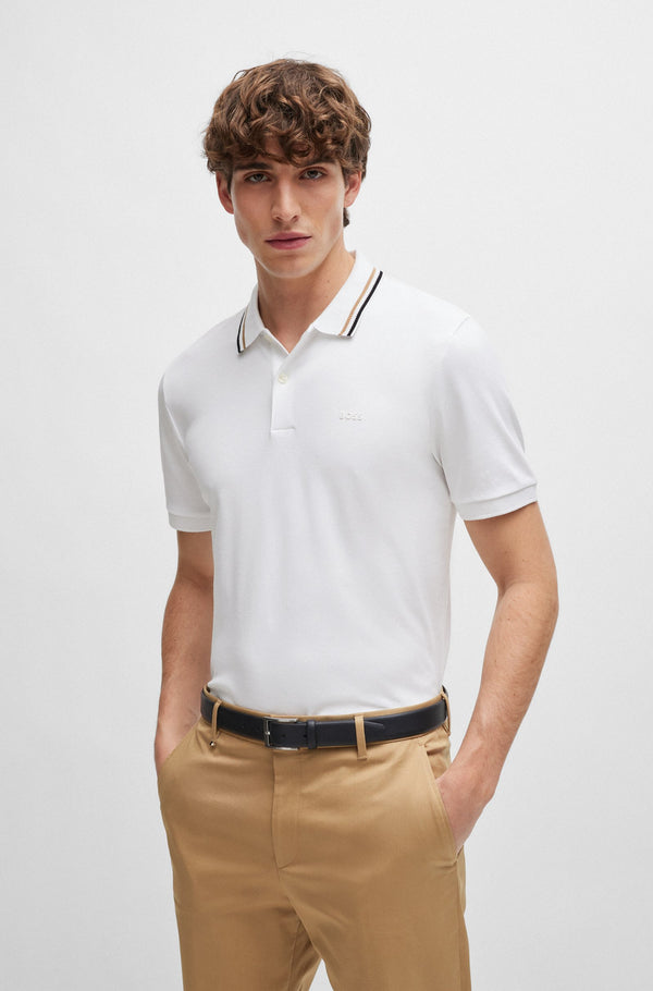 Boss Slim-Fit Polo Shirt with Striped Collar - White