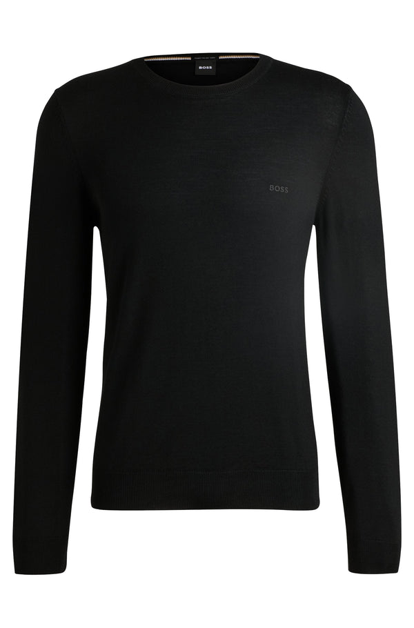 Boss Crew-Neck Sweater in Virgin Wool with Embroidered Logo - Black