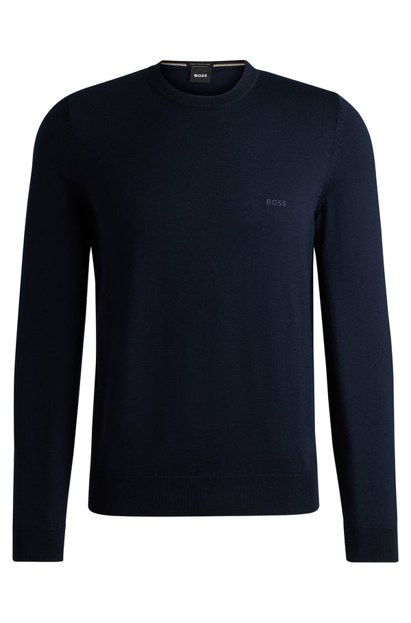 Boss Crew-Neck Sweater in Virgin Wool with Embroidered Logo - Blue