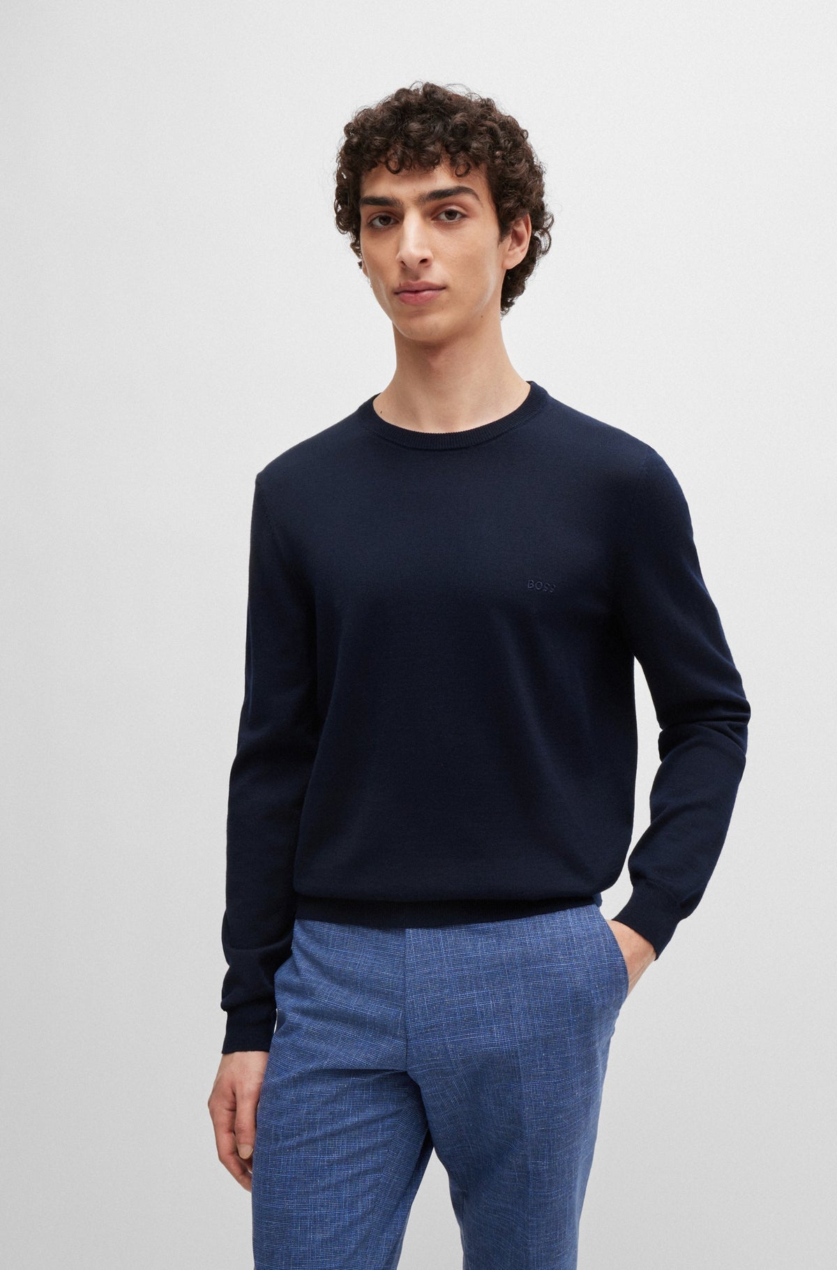 Boss Crew-Neck Sweater in Virgin Wool with Embroidered Logo - Blue