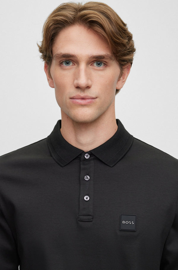 Boss Mercerised-Cotton Polo Shirt with Logo Patch - Black
