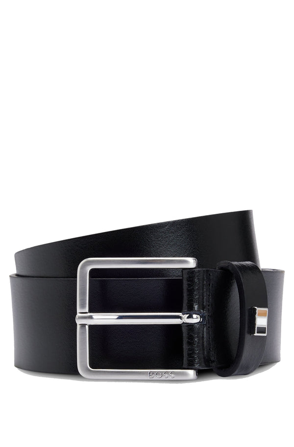 Boss Italian-Leather Belt with Signature-Stripe Keeper Trim - Black