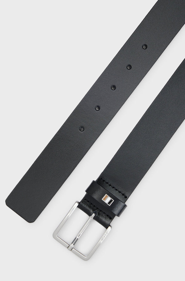 Boss Italian-Leather Belt with Signature-Stripe Keeper Trim - Black