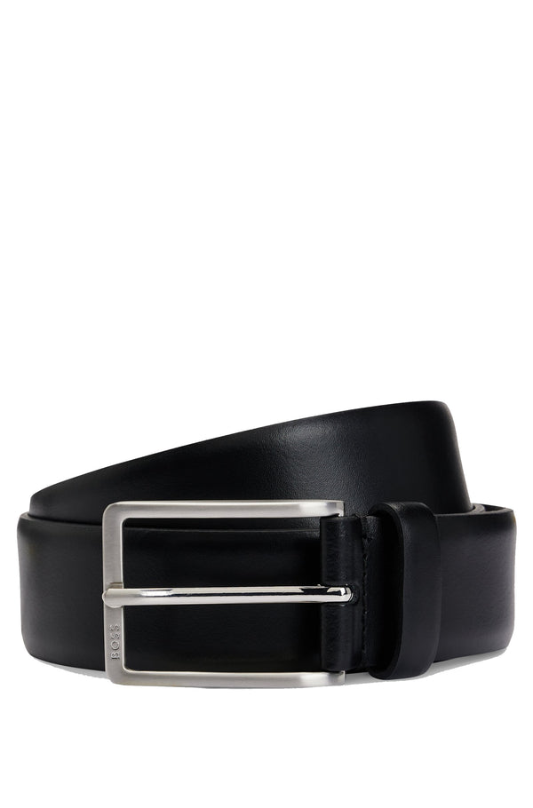 Boss Italian-Made Leather Belt with Engraved-Logo Buckle - Black