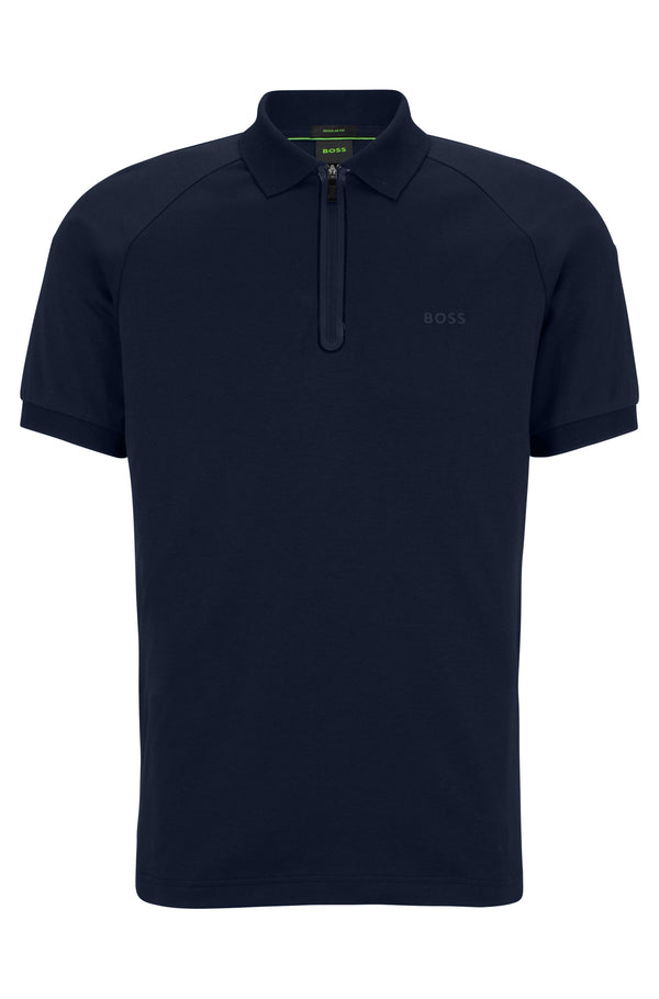 Boss Interlock-Cotton Polo Shirt with Zip-Up Collar - Navy