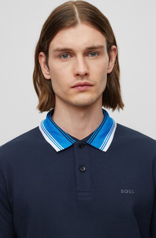 Boss Striped Collar Cotton-Piqué Slim Fit Polo Shirt - Navy