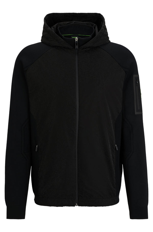 Boss Mixed-Material Zip-Up Hoodie with Sleeve Pocket - Black
