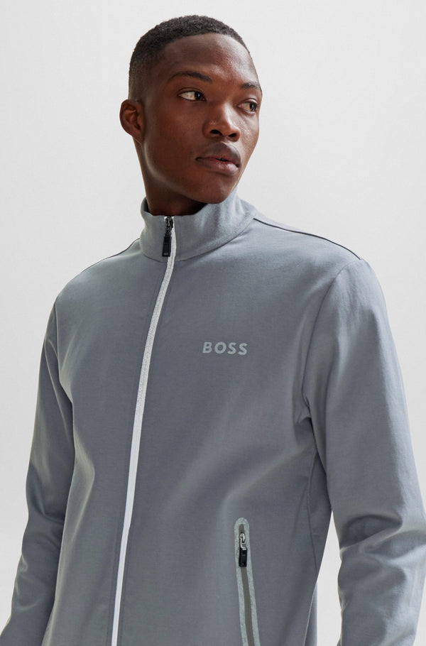 Boss Cotton-Blend Zip-Up Sweatshirt with Pixelated Details - Grey