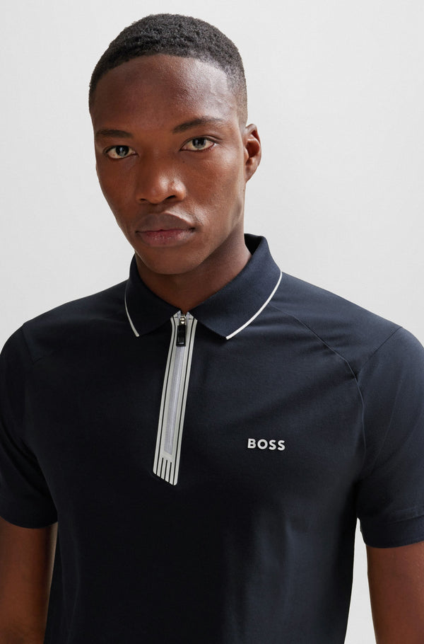 Boss Slim-Fit Stretch-Cotton Half Zip Polo Shirt - Navy