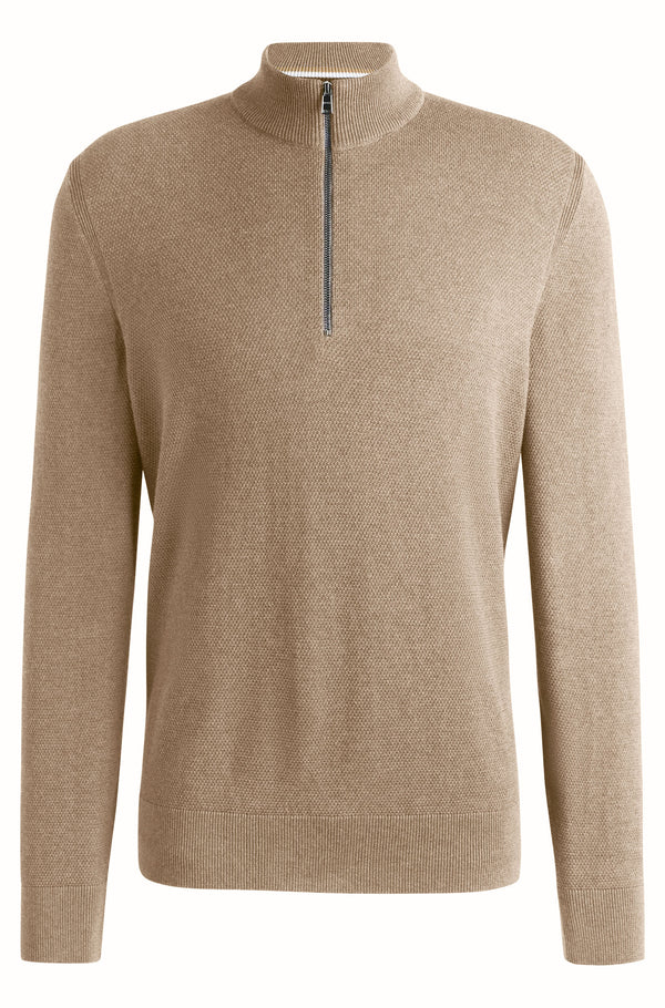 Boss Quarter-zip cotton sweater with knitted structure - Beige