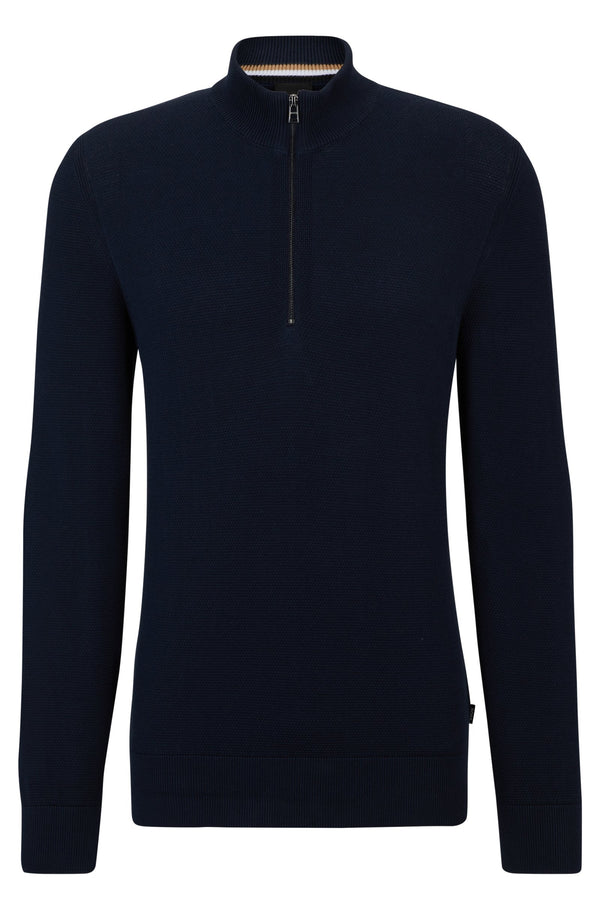 Boss Micro-Structured Cotton Zip-Neck Sweater - Navy