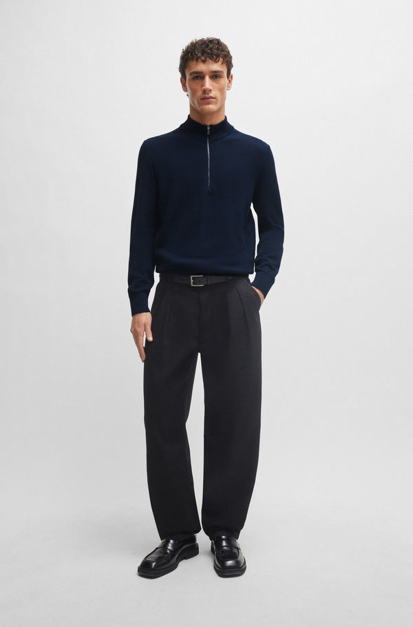 Boss Micro-Structured Cotton Zip-Neck Sweater - Navy