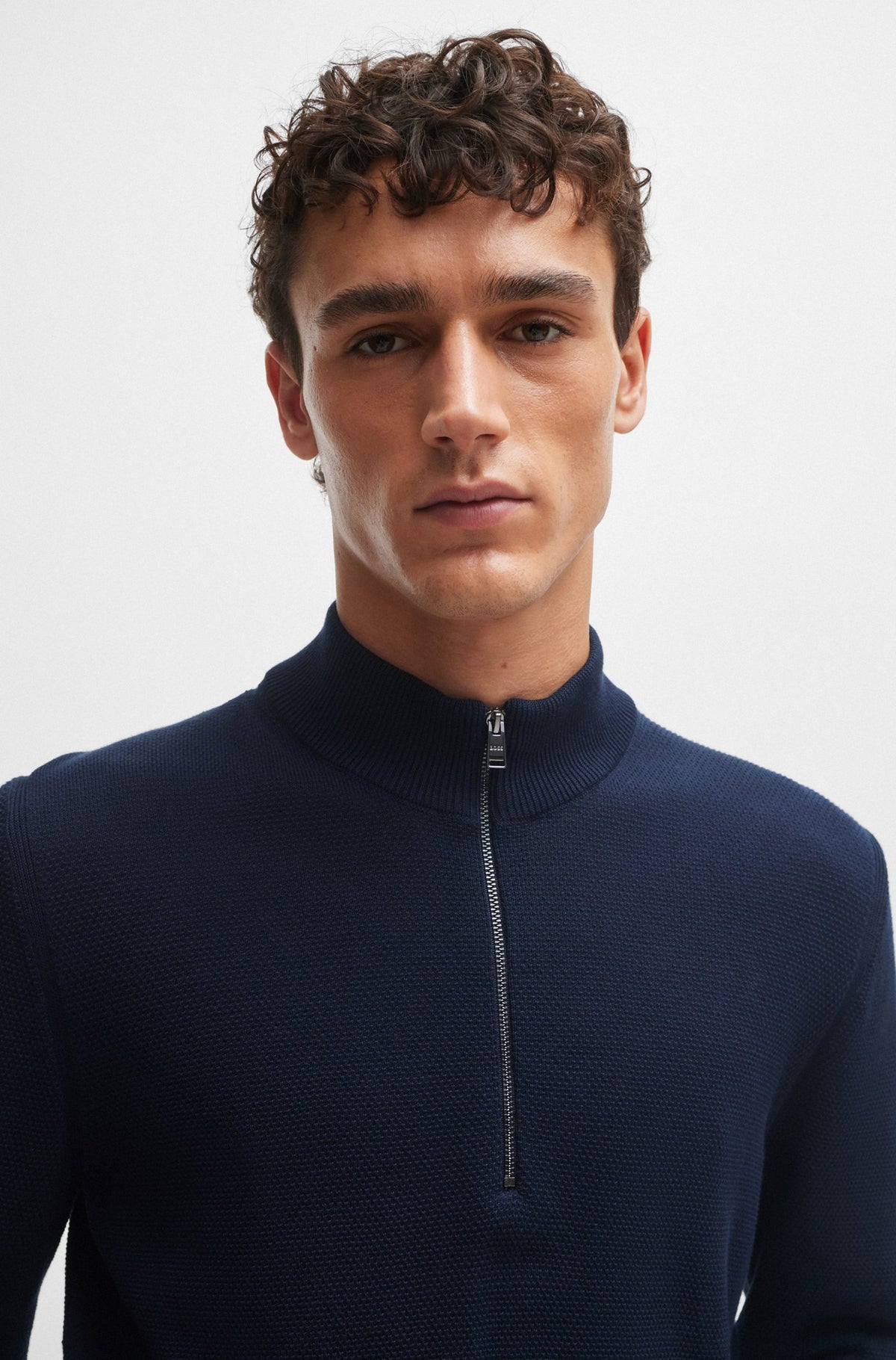 Boss Micro-Structured Cotton Zip-Neck Sweater - Navy