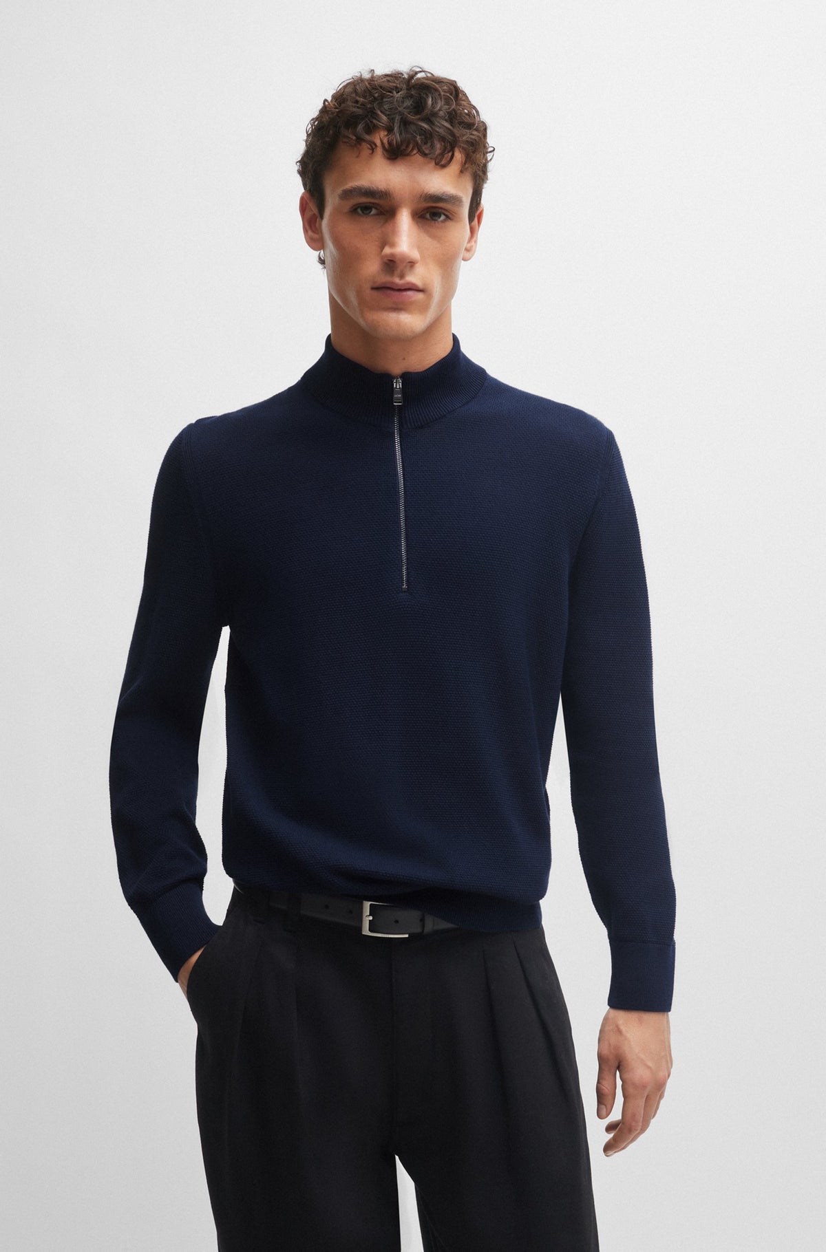 Boss Micro-Structured Cotton Zip-Neck Sweater - Navy