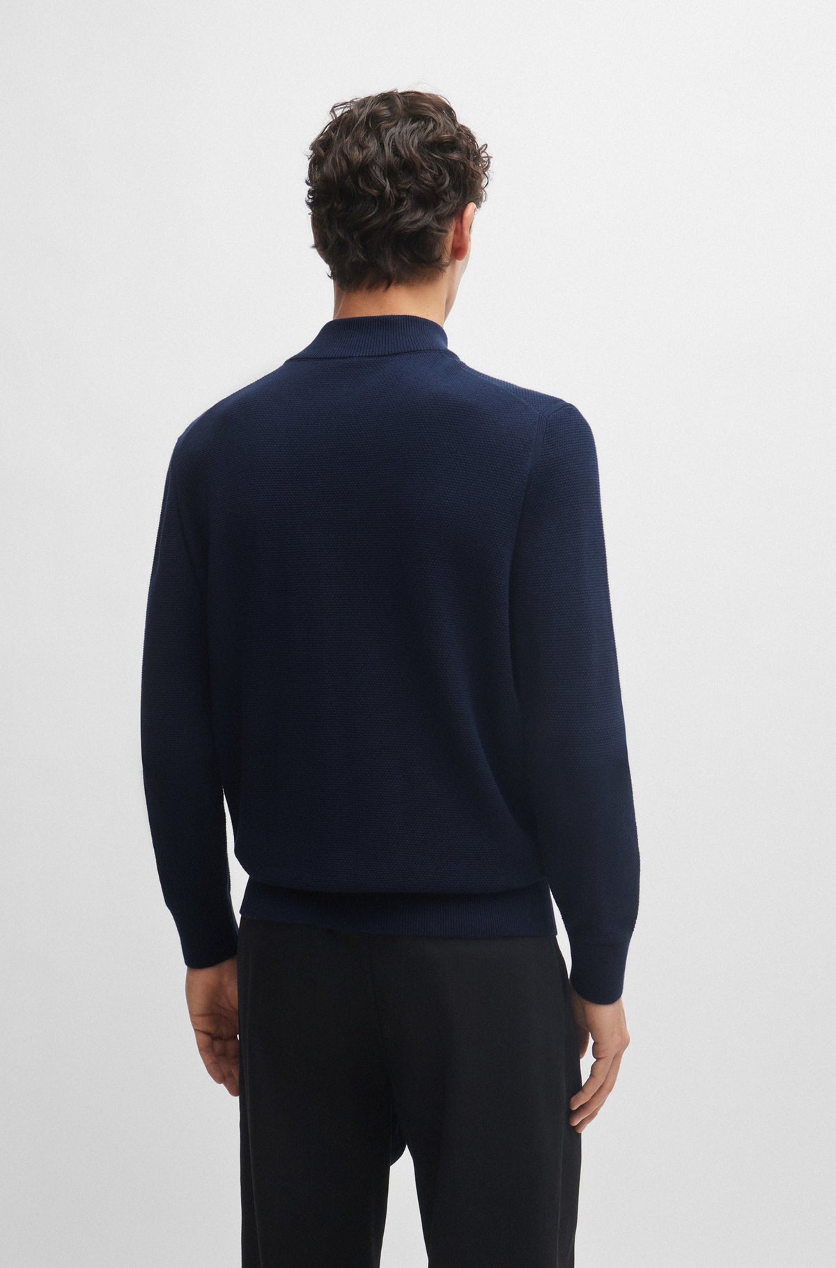 Boss Micro-Structured Cotton Zip-Neck Sweater - Navy