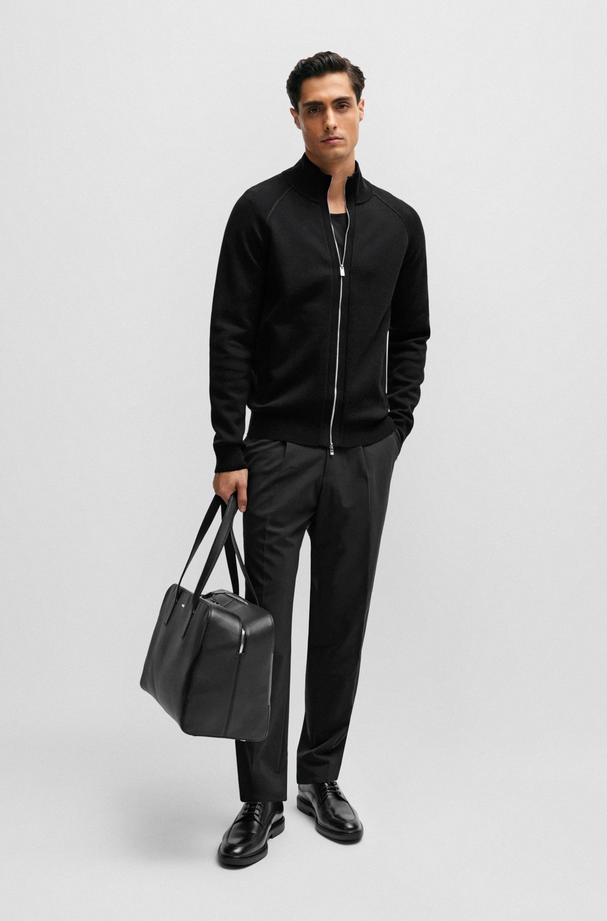 Boss Zip-up Cotton and Virgin Wool Cardigan - Black