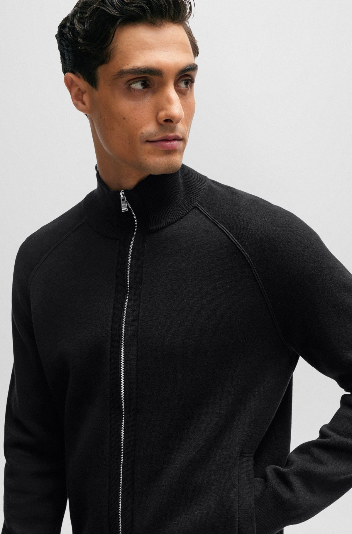 Boss Zip-up Cotton and Virgin Wool Cardigan - Black