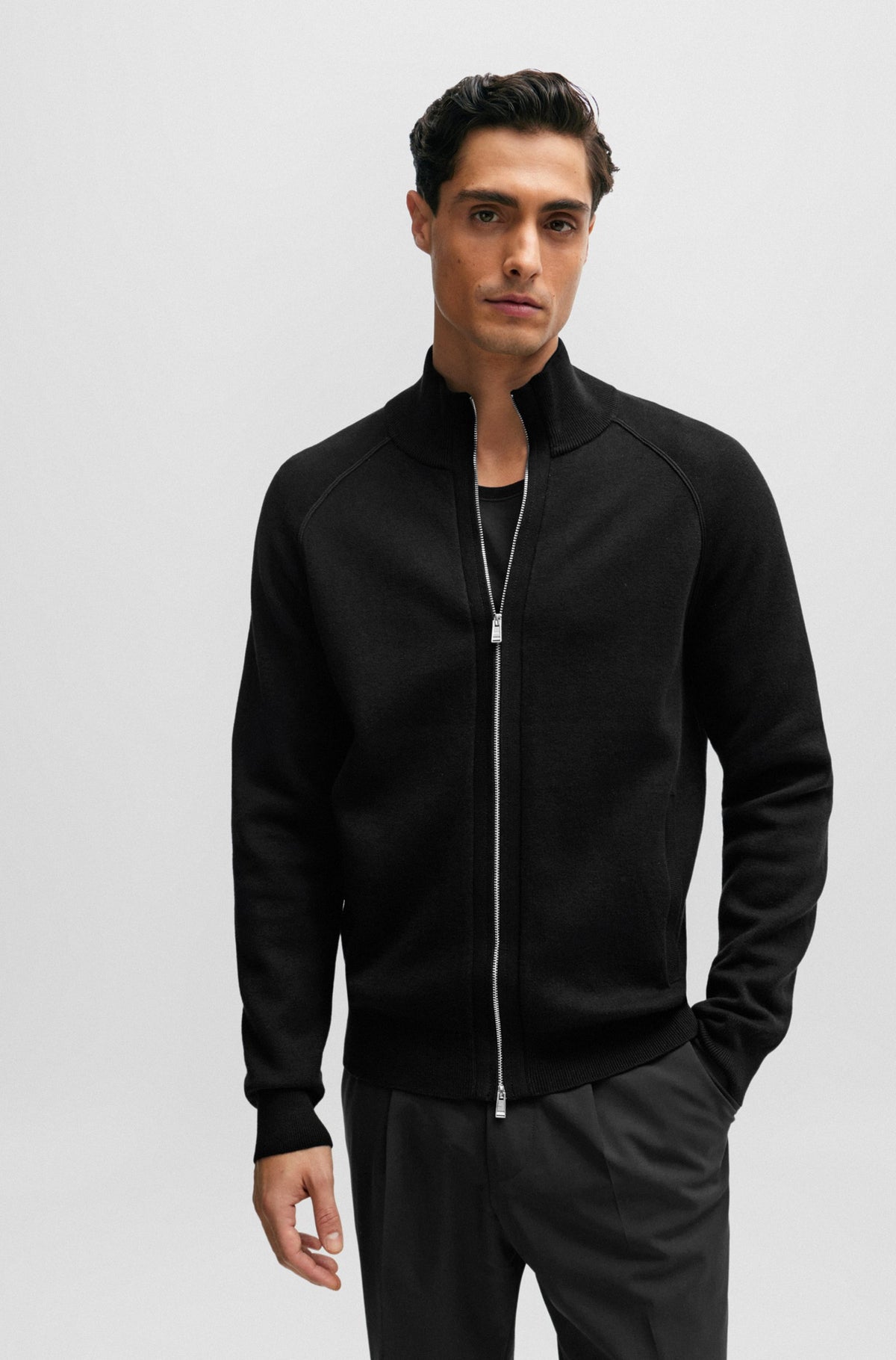 Boss Zip-up Cotton and Virgin Wool Cardigan - Black