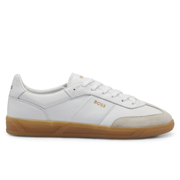 Boss Leather and Suede Trainers with Embossed Logos - White