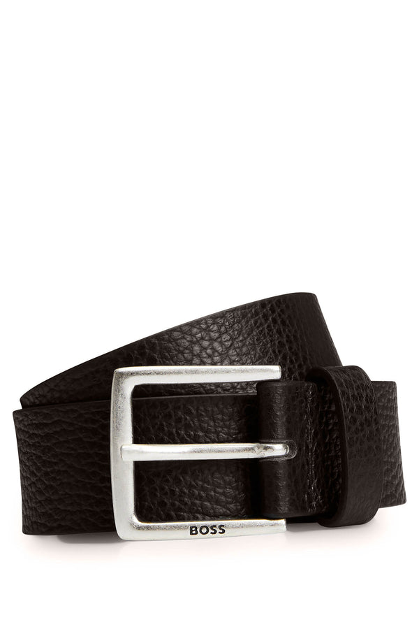 Boss Grained Italian-Leather Belt with Logo Buckle - Brown