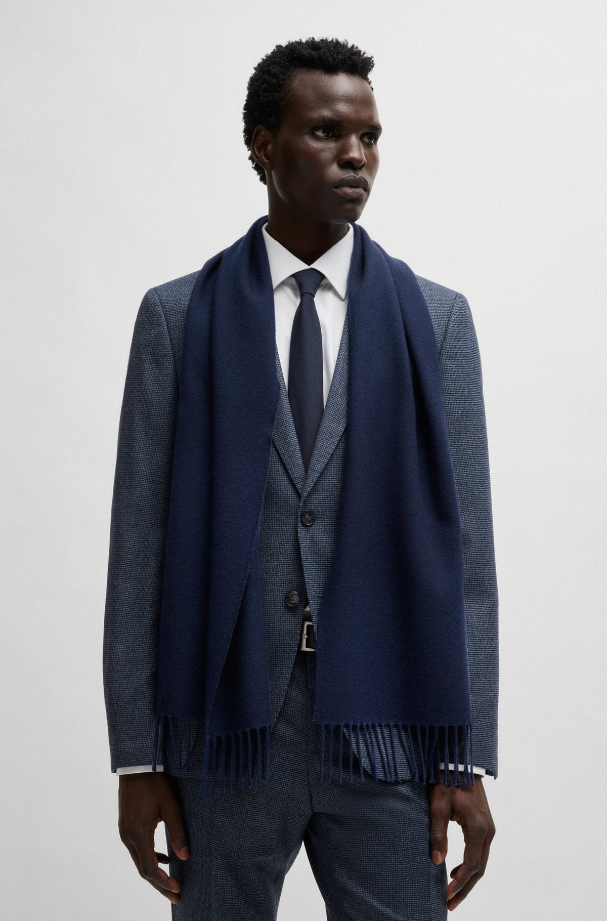 Boss Italian-made scarf in wool with logo patch - Blue