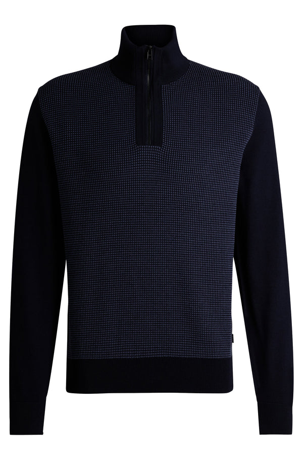 Boss Virgin-Wool Zip-Neck Sweater with Mixed Structures - Blue