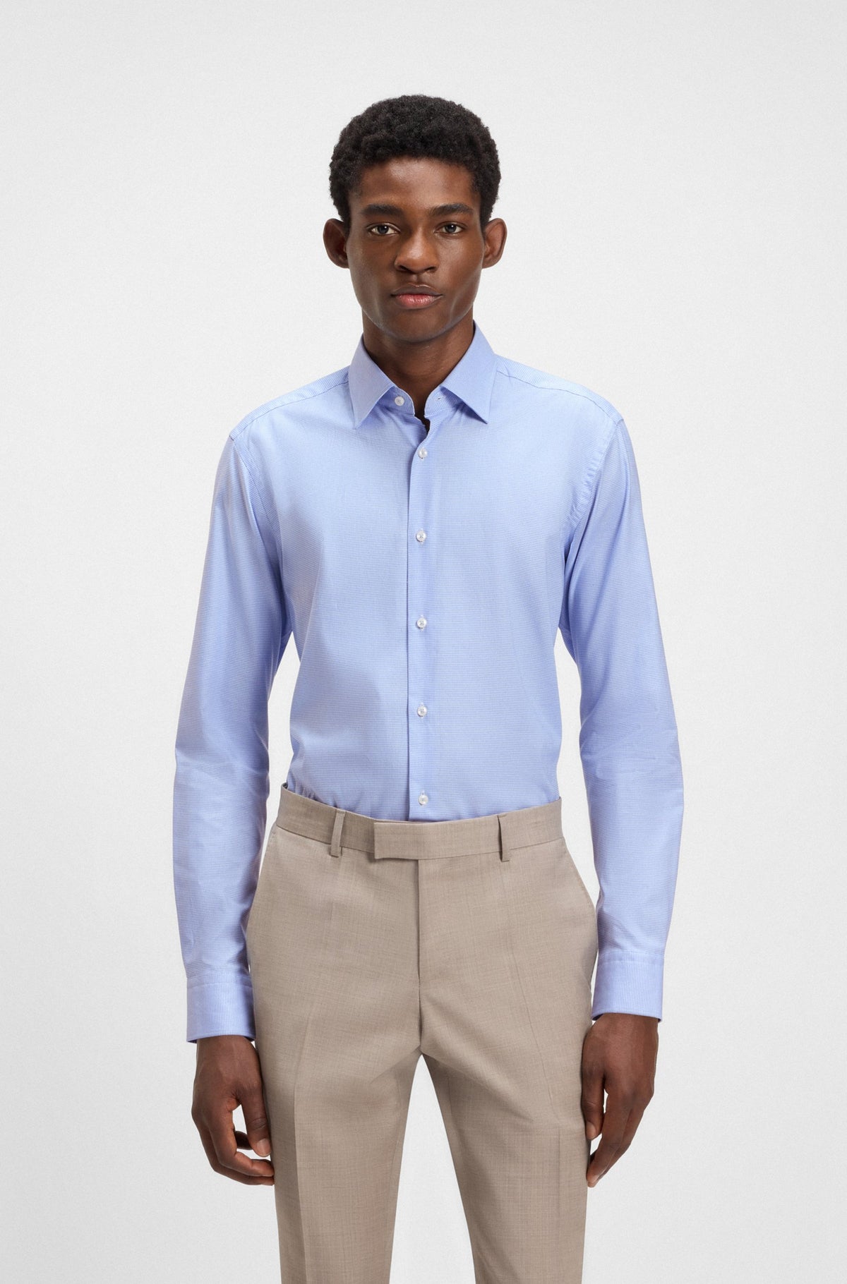 Boss Regular-fit shirt in easy-iron pepita stretch cotton - Blue