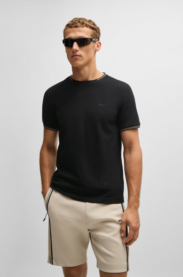 Boss Stretch-Cotton T-Shirt with Stripes and Logo - Black