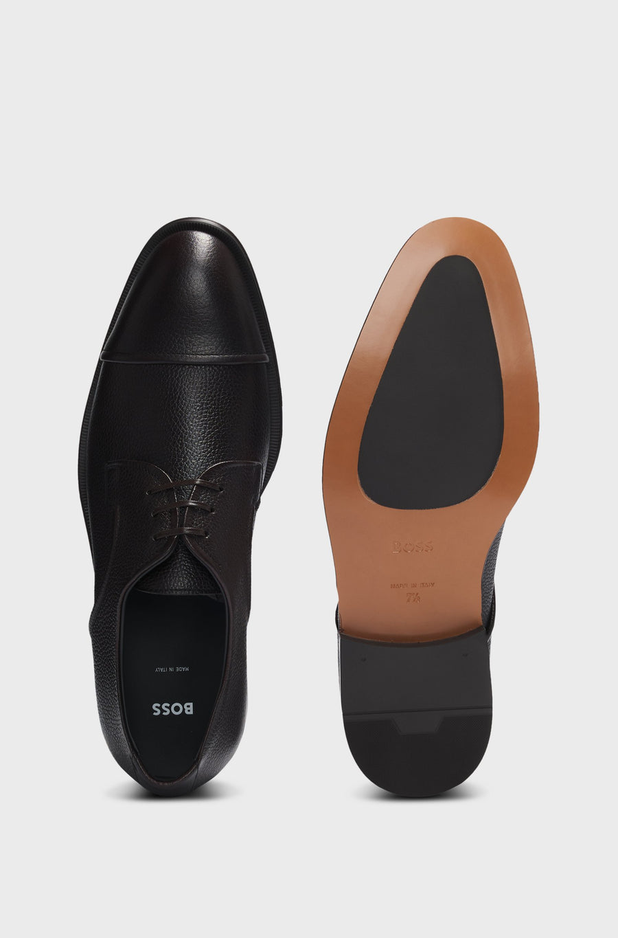 BOSS Grained Leather Derby Shoes – Brown