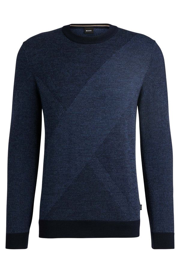 Boss Virgin-Wool Sweater with Two-Tone Jacquard Pattern - Blue