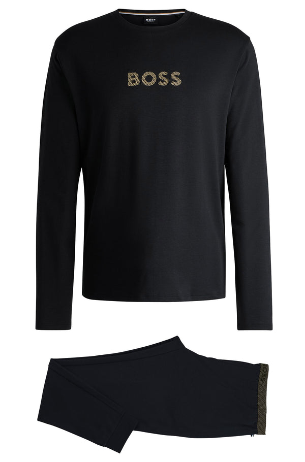 Boss Interlock-Cotton Pyjamas with Foil-Print Branding - Black