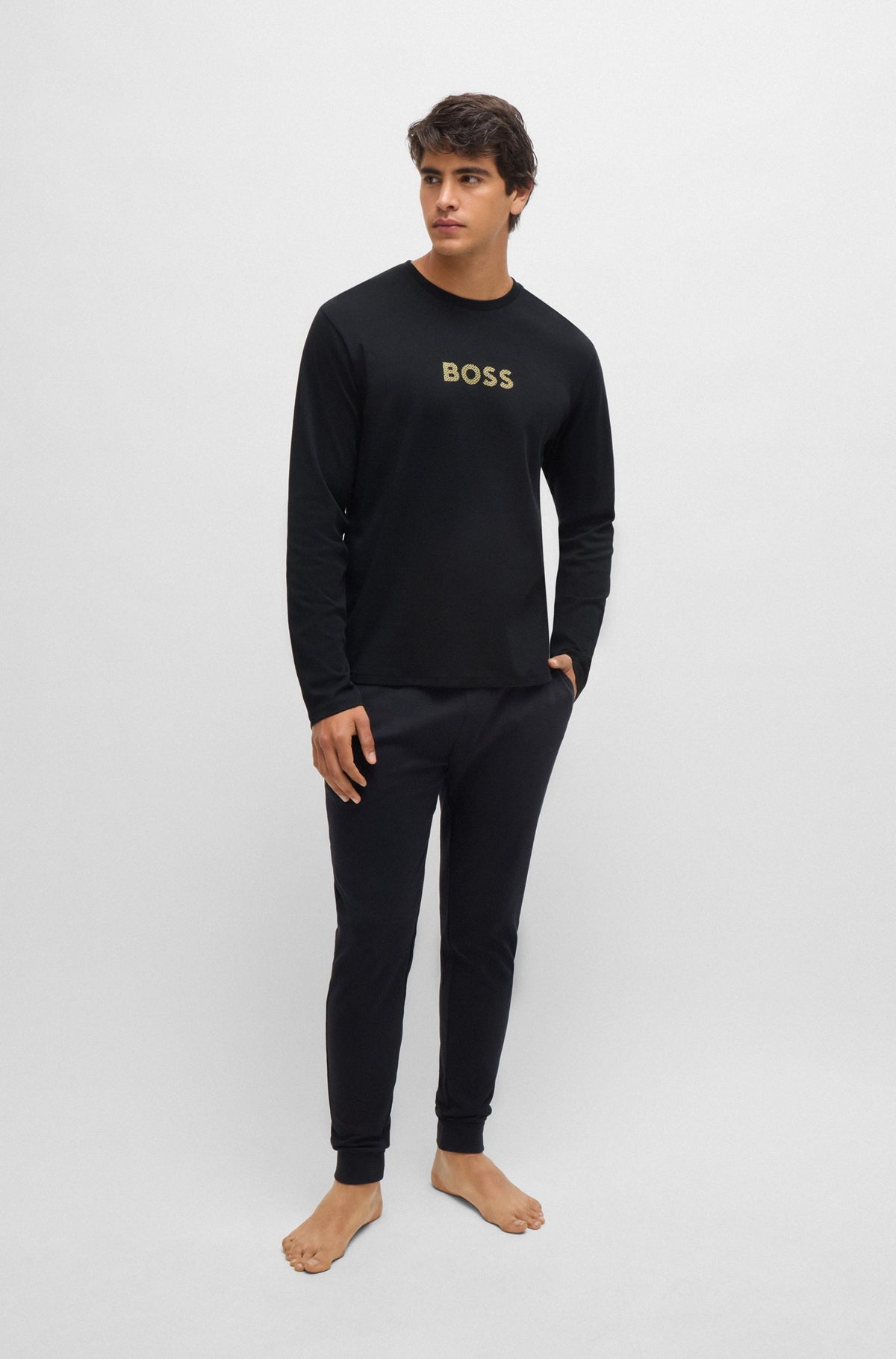 Boss Interlock-Cotton Pyjamas with Foil-Print Branding - Black