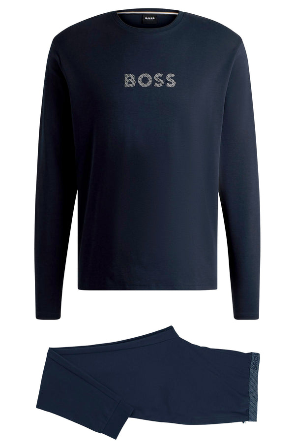 Boss Interlock-Cotton Pyjamas with Foil-Print Branding - Blue