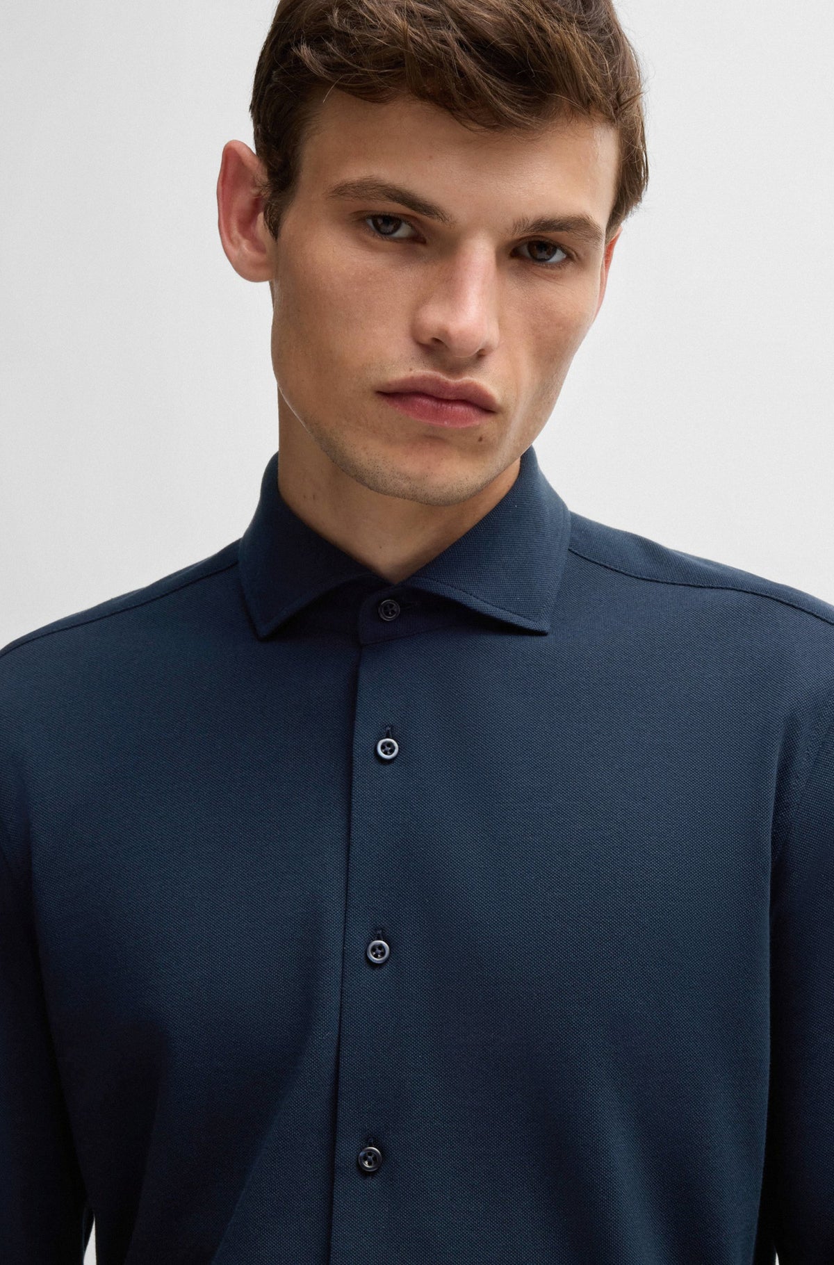 Boss Slim-fit shirt in cotton-piqué jersey - Blue