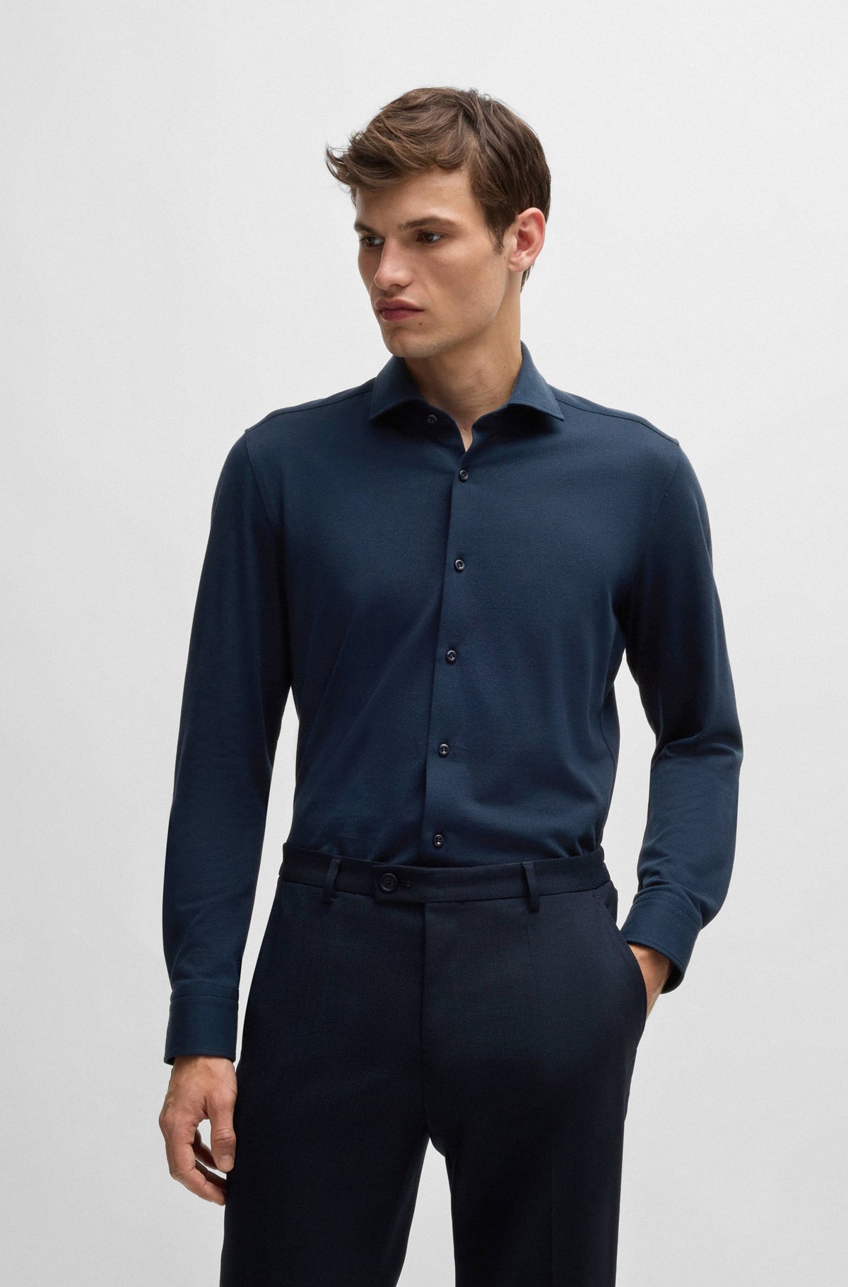 Boss Slim-fit shirt in cotton-piqué jersey - Blue
