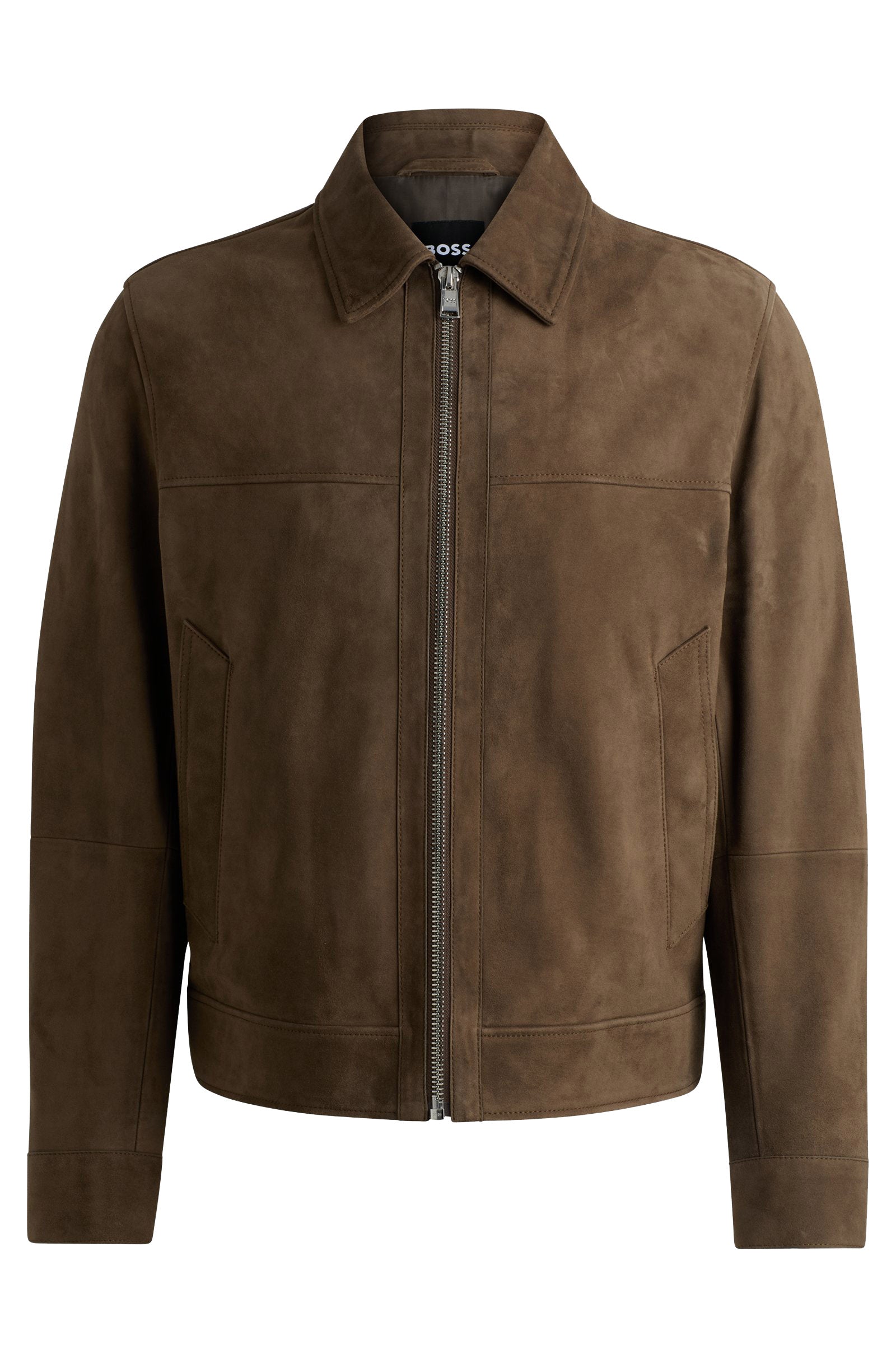 Boss Regular-Fit Jacket in Soft Suede with Zip Front Green