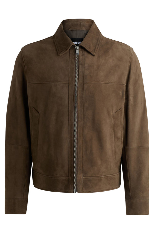 Boss Regular-Fit Jacket in Soft Suede with Zip Front  - Green