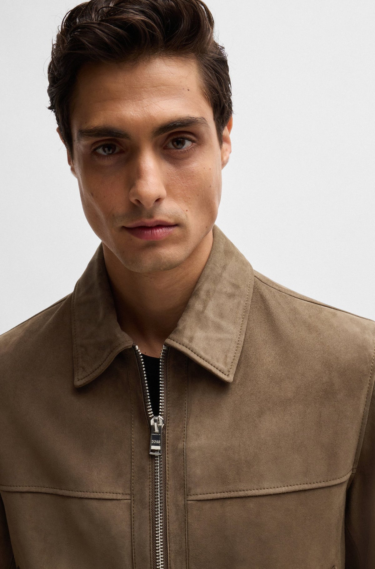 Boss Regular-Fit Jacket in Soft Suede with Zip Front  - Green