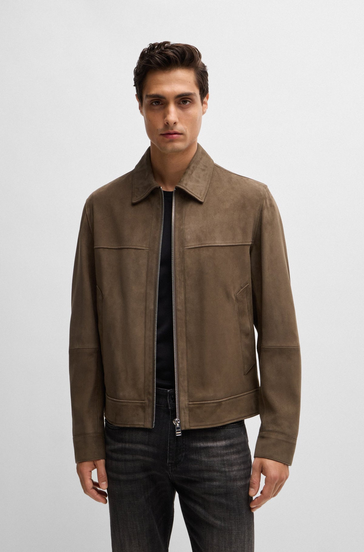 Boss Regular-Fit Jacket in Soft Suede with Zip Front  - Green