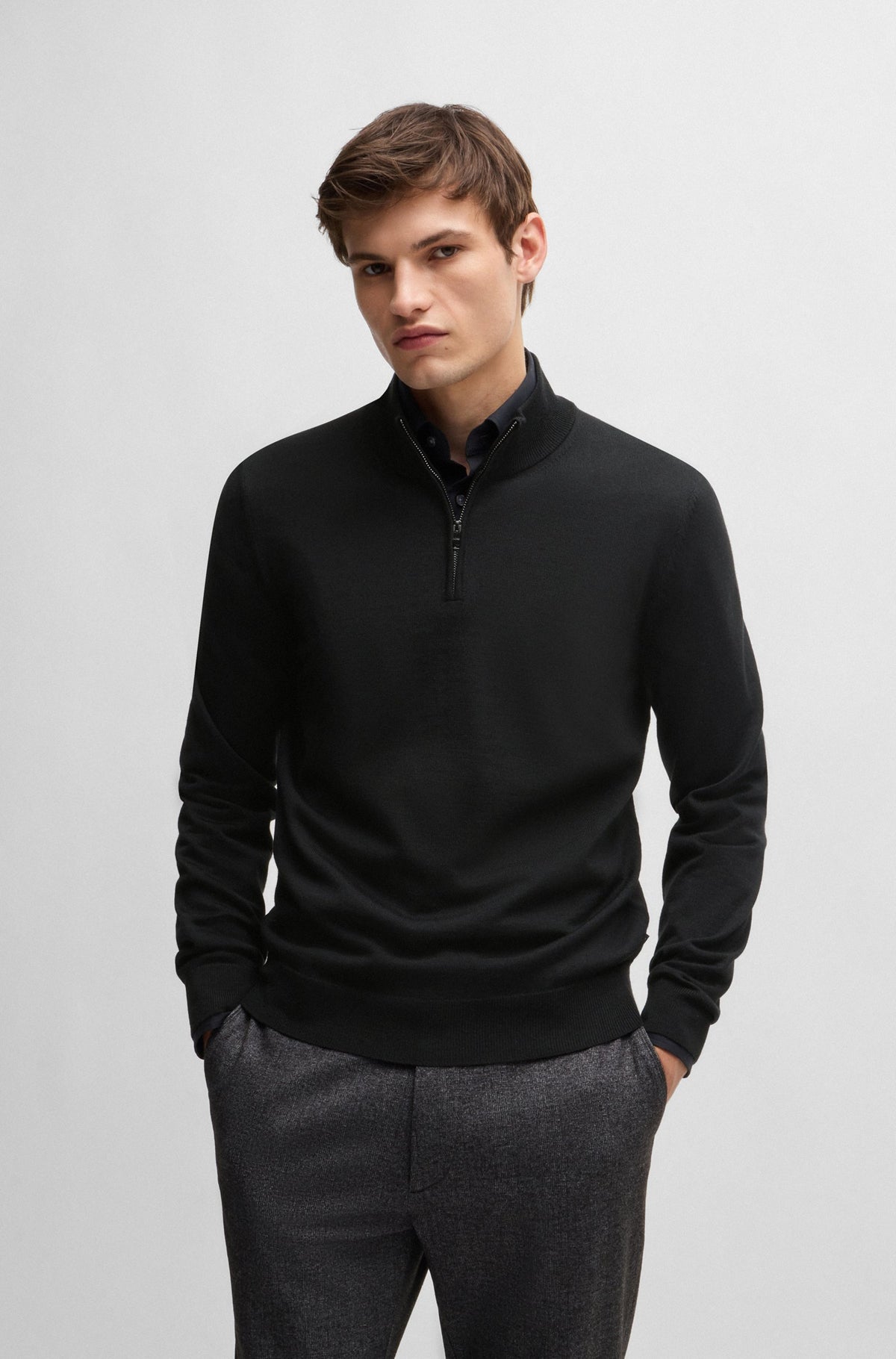 Boss  Regular-Fit Zip-Neck Sweater in Virgin Wool - Black