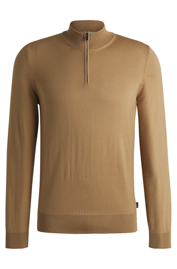 Boss Zip-neck sweater in virgin wool - Beige