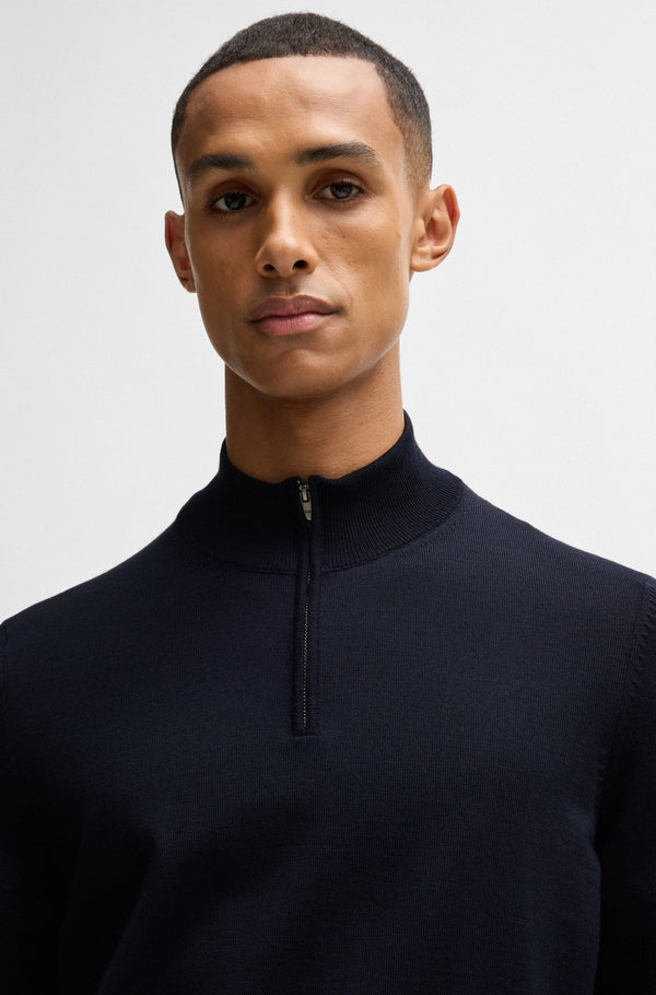 Boss Regular-Fit Zip-Neck Sweater in Virgin Wool - Blue