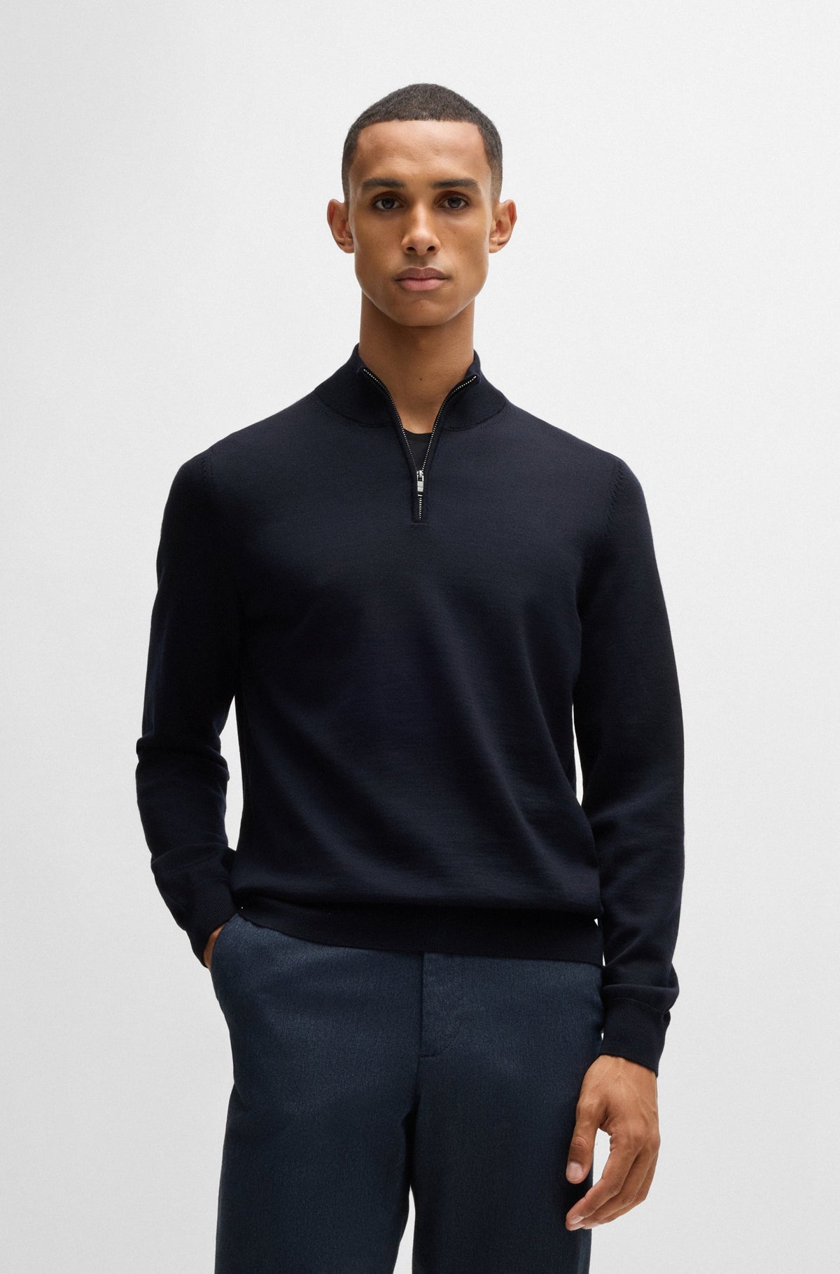 Boss Regular-Fit Zip-Neck Sweater in Virgin Wool - Blue