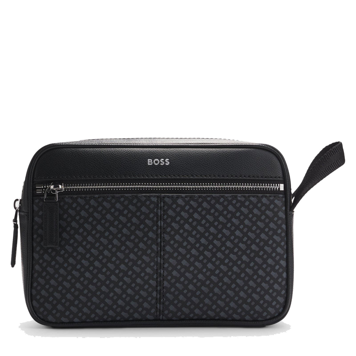 Boss Faux-leather washbag with monogram-print front pocket - Black