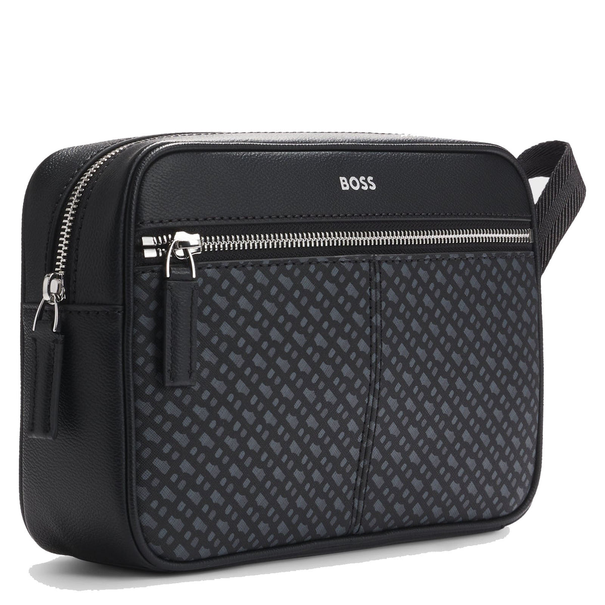 Boss Faux-leather washbag with monogram-print front pocket - Black