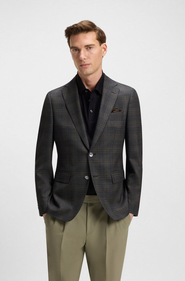 Boss Slim-fit blazer in checked virgin wool - Black Patterned