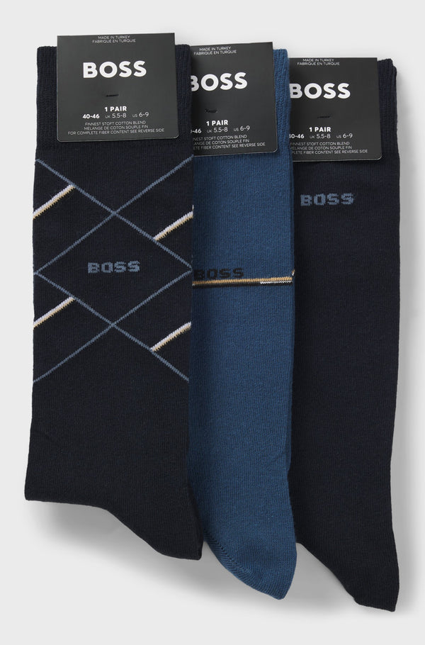 Boss Three-pack of regular-length socks with logos - Blue
