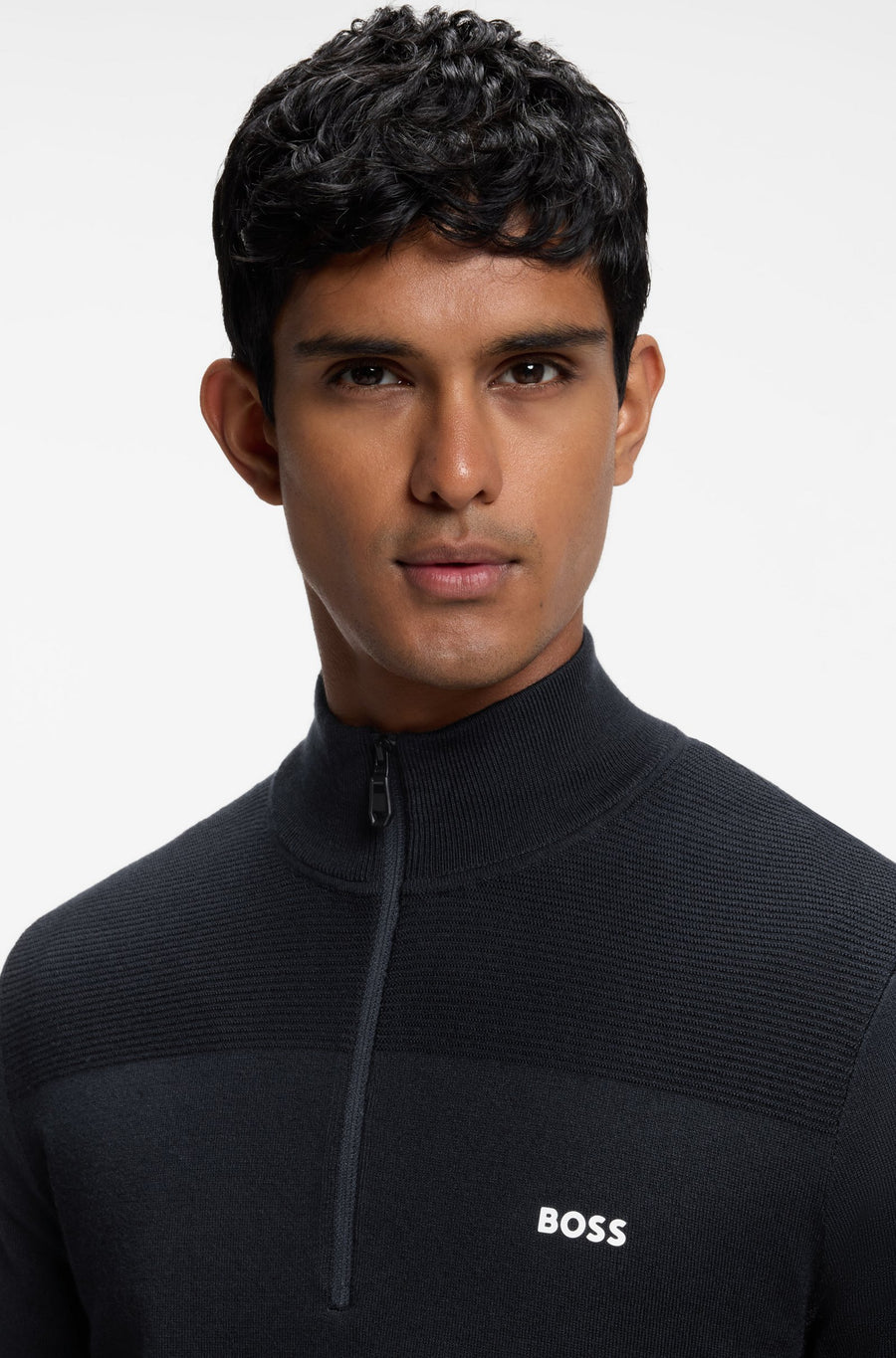 BOSS Green Virgin Wool-Blend Zip-Neck Sweater – Blue