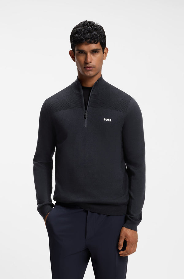BOSS Green Virgin Wool-Blend Zip-Neck Sweater – Blue