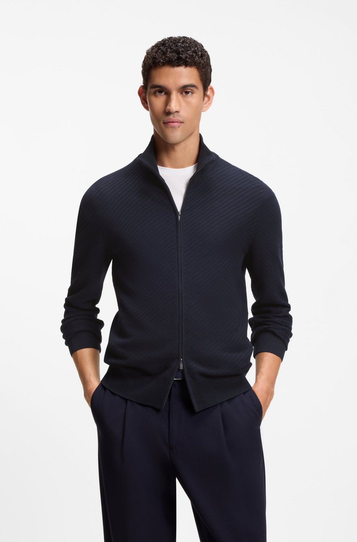 Boss Cotton cardigan with diagonal structure - Blue